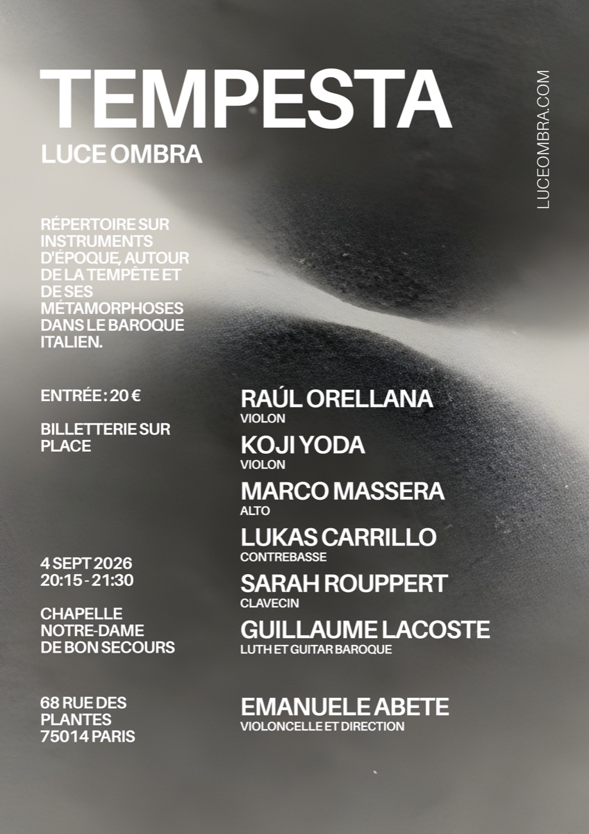 Affiche du concert TEMPESTA de Luceombra, le 4 septembre 2026 à la Chapelle Notre-Dame de Bon Secours, Paris.